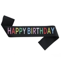 Écharpe d'anniversaire en satin noir avec lettrage multicolore Happy Birthday festif - Taille unique / Écharpe Happy Birthday Noire (JD042)