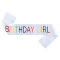 White satin Birthday Girl sash with vibrant colorful lettering for party decorations - White Multicolor (JD043)