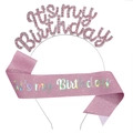 Cerchietto di compleanno con strass rosa con fascia glitterata e testo olografico - Rosa