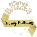 Set fascia glitterata dorata e tiara con scritta It's My Birthday per compleanno - Oro e Nero