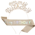 Golden It's My Birthday sash with glitter letters and rhinestone metal headband set - Light gold