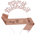 Rose gold birthday party set with rhinestone tiara and matching glitter fabric sash - Rose Gold