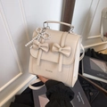 Cream PU leather tote bag with elegant bow detail and pearl charm for women - White (With Pearl Bow Pendant)