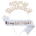Birthday party set with gold rhinestone crown headband and rose gold sash on white back - Rose Gold And White