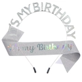 Silver birthday crown and glitter sash set with holographic IT'S MY BIRTHDAY text - Silver Headband + Silver Birthday Sash
