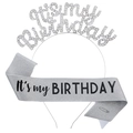 Silver birthday set with rhinestone headband and glitter sash for party girls - Silver and Black
