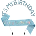 Blue glitter birthday party set with IT'S MY BIRTHDAY crown headband and sash - Lake Blue Headband + Lake Blue Birthday Sash