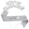 Silver rhinestone IT'S MY BIRTHDAY headband and glitter sash party decoration set - Silver