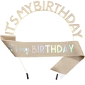 Golden It's My Birthday sash and crown tiara set with holographic rainbow glitter text - Light Gold Headband + Light Gold Birthday Sash