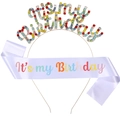 Birthday set with colorful rhinestone headband and light purple satin sash for women - Colorful