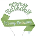 Birthday set with green glitter sash and it's my birthday rhinestone silver tiara - Green