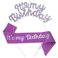 Sparkling purple rhinestone birthday headband and glitter sash set for women - Purple