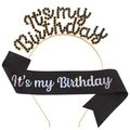 Birthday set with gold IT'S MY BIRTHDAY headband and holographic black glitter sash - Black