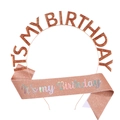 Rose gold glitter It's My Birthday sash and metal crown tiara set for women's birthday party - Rose Gold Headband + Rose Gold Birthday Sash