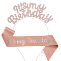 Rose gold birthday set with rhinestone crown headband and glitter sash for parties - Rose Gold Rainbow