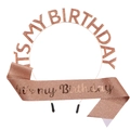 Rose gold glitter It's My Birthday tiara and sash set for birthday party decorations - Rose Gold Headband + Rose Gold Sash (Rose Gold Text)