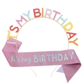 Rainbow metal birthday crown and pink glitter sash set with silver lettering - Macaron Headband + Pink Birthday Sash