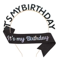 Birthday party set with gold metal crown headband and black sash with holographic text - Black Headband + Black Birthday Sash