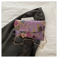 Linen woven shoulder bag with purple floral sequin embroidery and gold chain - Purple