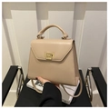 Classic beige leather trapeze handbag with gold twist lock and top handle strap - Khaki
