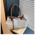 Beige canvas draagtas met bruine leren handvatten en gouden gesp voor vrouwen - Bruin