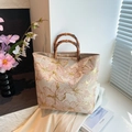 Elegante Handtasche aus Jacquard in Creme mit Blumenmuster und Bambusgriffen - Rosa