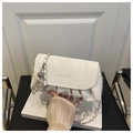 Detail of white pleated cloud bag with silver chain strap and metallic ball charm - No Pendant / White