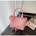 Pink woven tote bag with FASHION leather tag and stylish knotted handles with long strap - Pink