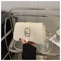 Elegant off-white faux leather flap shoulder bag with retro golden oval buckle detail - White