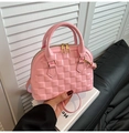 Pink patent leather shell bag with quilted checkered pattern and gold hardware - Pink