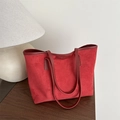 Minimalist red large capacity tote bag in faux suede with a smooth leather trim finish - Red