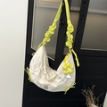 Chic beige crescent shoulder bag with neon green ruched strap and sunflower charm - With Pendant / White