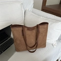 Brown faux suede tote bag with leather trim and spacious minimalist vintage design - Brown