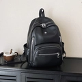 Black minimalist waterproof leather backpack with large capacity and multi-zipper pockets - Black