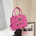 Fashionable rose pink leather tote bag with round handles and adjustable strap - Rose Red