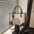 Retro canvas tote bag in beige and dark brown leather trim with circular G logo - White and Brown