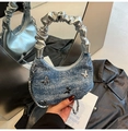 Blaue Jeans-Tragetasche mit silbernen Schmetterlingen und gerafftem Griff Damen - Blau