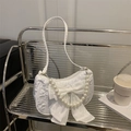 Elegant white pearl handbag with bow detail and textured jacquard fabric for women - White