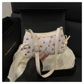 Weiße Schultertasche mit Kirschmuster, cremefarbenen Lederriemen und Schleifendetail - Weiß