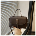 Detail of dark brown pebble leather handbag with gold buckle in modern interior lighting - Coffee