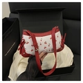 Trendige Kirschprint-Schultertasche aus weiß-rotem Leder mit dekorativem Banddetail - Rot
