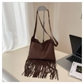Brown suede crossbody bag with long fringes in a minimalist bohemian style - Coffee