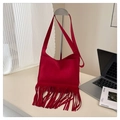 Vintage style red faux suede crossbody bag with long fringes and minimalist design - Red