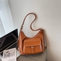 Brown orange glossy PU leather shoulder bag with buckle flap pocket and adjustable strap - Brown