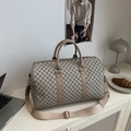Large beige duffle bag with geometric pattern and adjustable shoulder strap - Gray (Monogram Print)