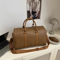 Brown classic pattern travel tote bag with double handles and adjustable strap - Brown (Monogram)