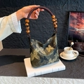 Retro black handbag with gold butterfly embroidery and wooden bead handle strap - Butterfly Style Gold