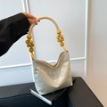 Champagne vintage satchel featuring floral embroidery and yellow wooden bead handle - Screen Style Beige