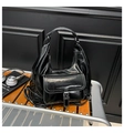 Retro black patent leather hobo bag with contrast white stitching and metal buckle details - Black