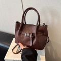 Deep brown woven leather tote bag with silver buckle and detachable shoulder strap - Brown